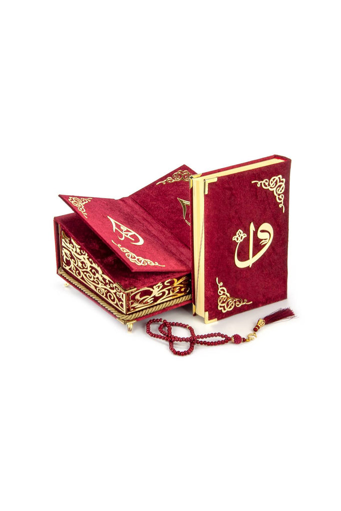 Besonders elegante, mit Samt überzogene dekorative Box mit Rahel, mit Samt überzogenes Koranbuch auf Arabisch, islamische Dekorationen für Zuhause, muslimische Heim- und Tischdekoration, perfekte islamische Ramadan-Eid-Geschenke