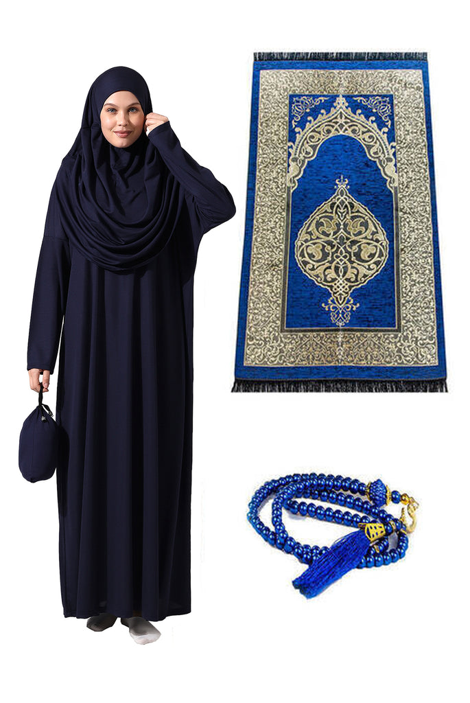One-Piece Full-Length Long Sleeve Hijab Abaya Dresses for Women with Prayer Rug & Rosary