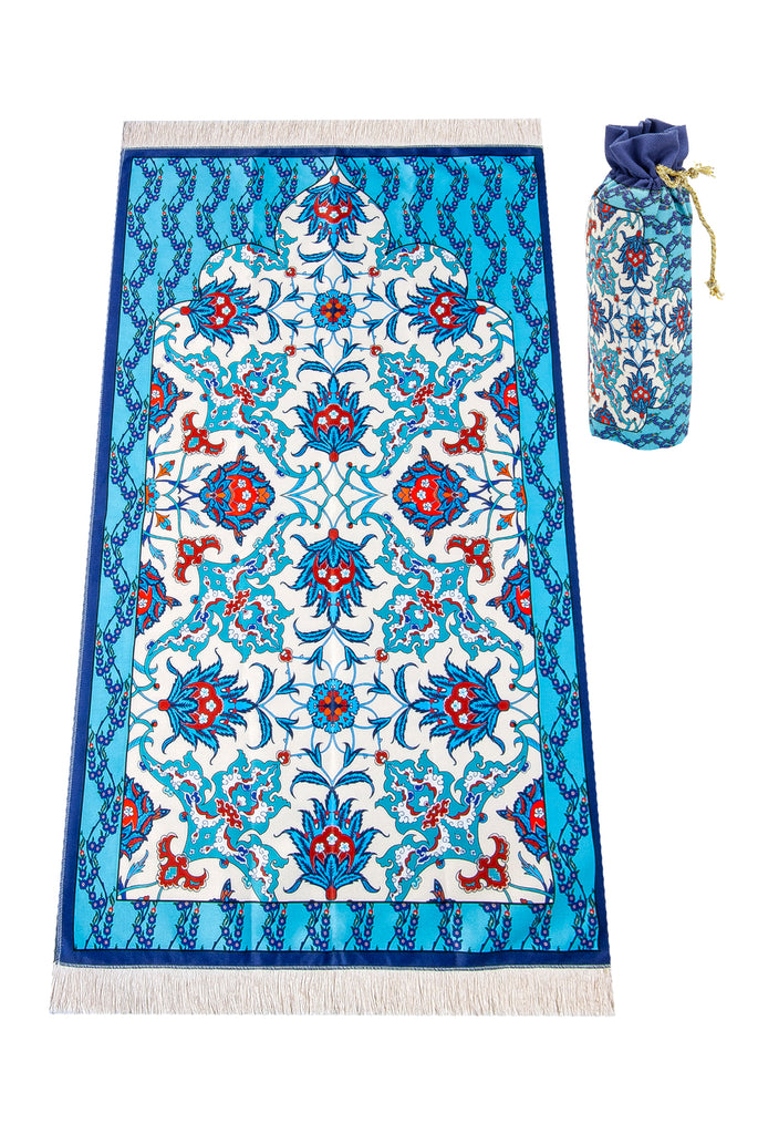 ihvan online Seidiger muslimischer Gebetsteppich mit elegantem Design | Islamische tragbare Gebetsmatte | Ramadan Eid-Geschenke | Gebetsteppichmatte mit Reisetasche (blau)