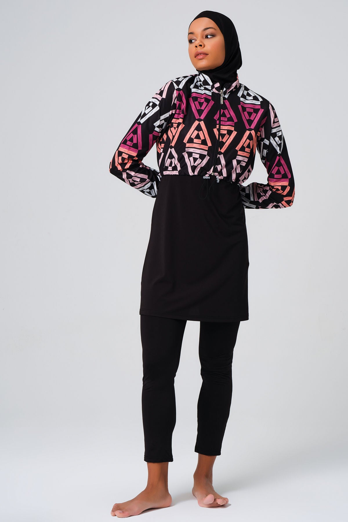 Alfasa Desenli Crop Tam Kapalı Tesettür Mayo 23260-23 Pembe