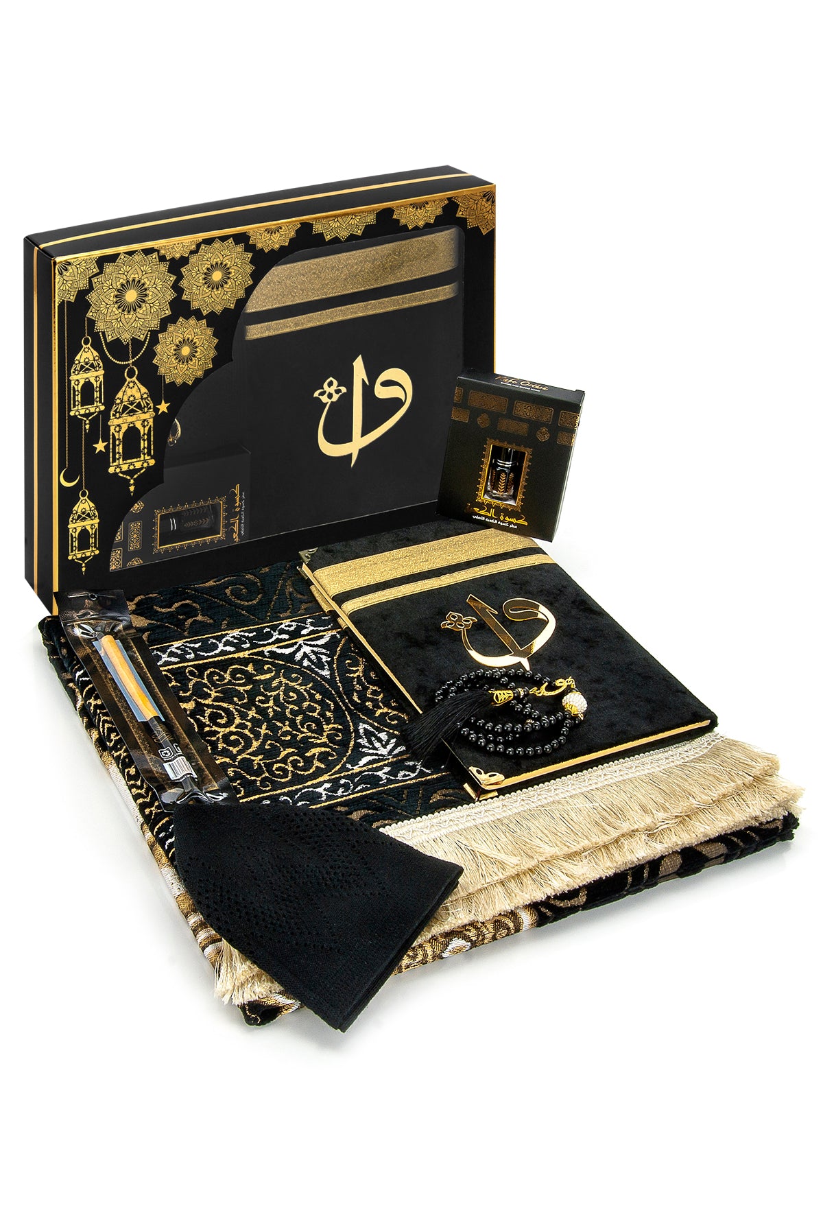 Luxury Chenille Prayer Rug Set with Velvet Yasin, Miswak, Tasbeeh, and Kabe Perfume – Groom’s Dowry Set
