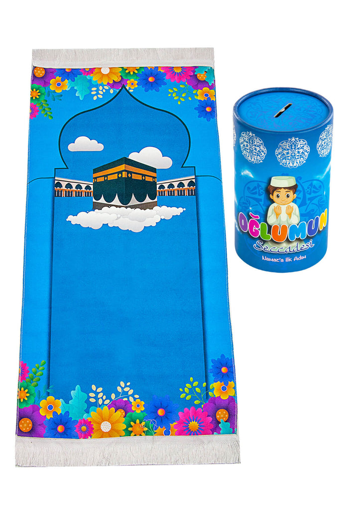 Muslim Kaaba Designed Blue Prayer Rug for Kids with Prayer Rosary & Moneybox