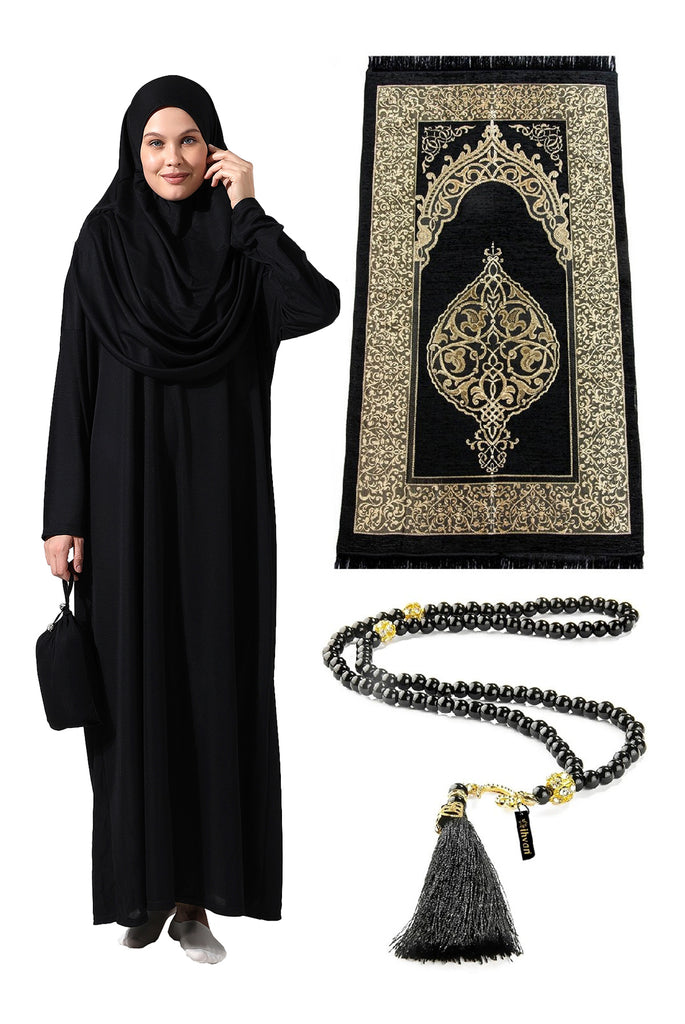 One-Piece Full-Length Long Sleeve Hijab Abaya Dresses for Women with Prayer Rug & Rosary