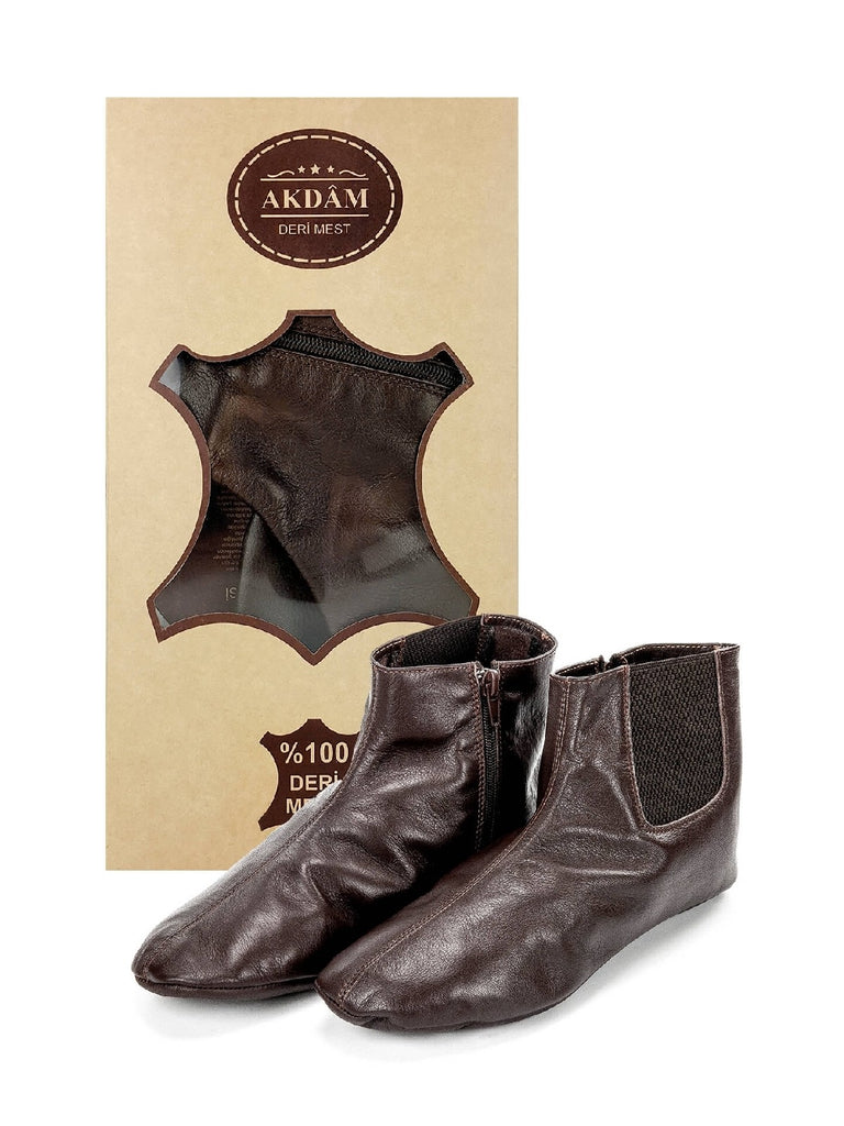 Genuine Halal Calf Leather Sunnah Muslim Socks Zipper Khuffain for Mosque, Home Slipper Brown