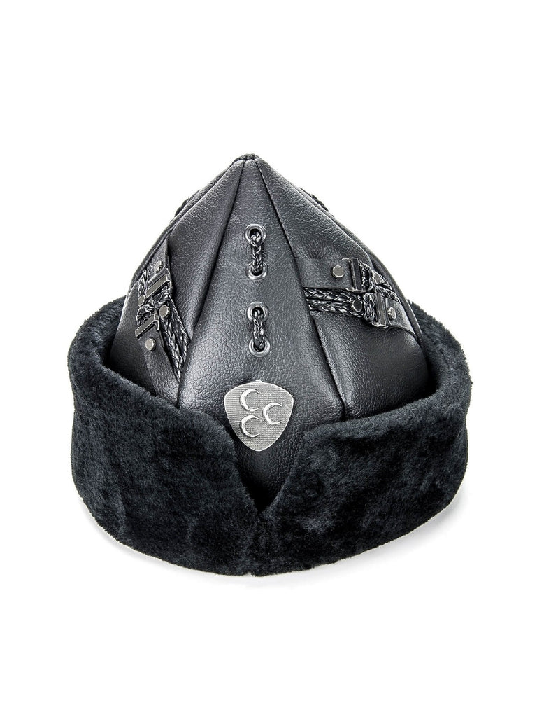 Turkish Ertugrul Ottoman Black Leather and Fur Winter Bork Hat, Three Creasent Design