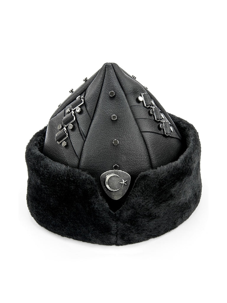 Turkish Ertugrul Ottoman Black Leather and Black Fur Winter Bork Hat, Moon and Star