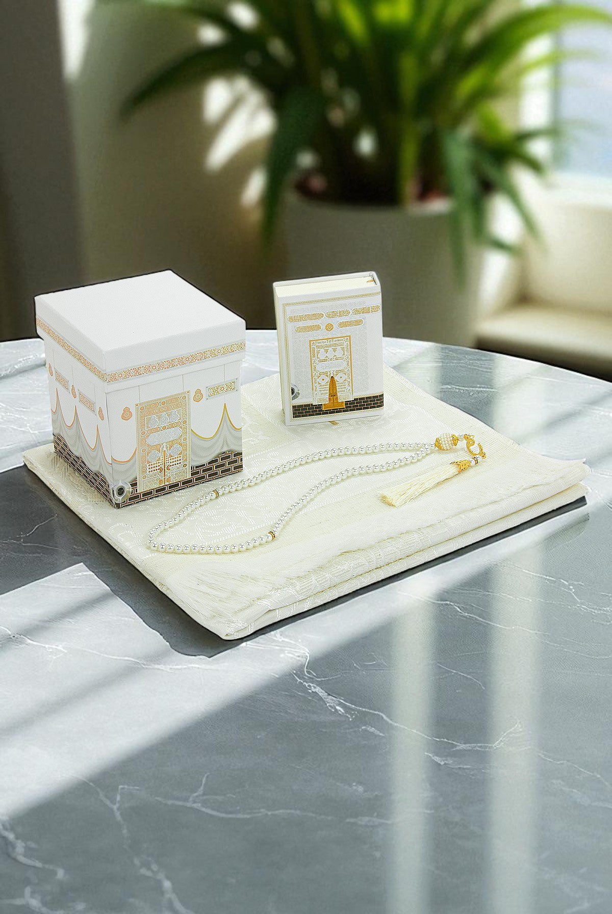 Kaaba Pattern Luxury Mevlut Gift Set – Holy Quran, Tafta Prayer Rug, Pearl Tasbeeh, Special Gift Box