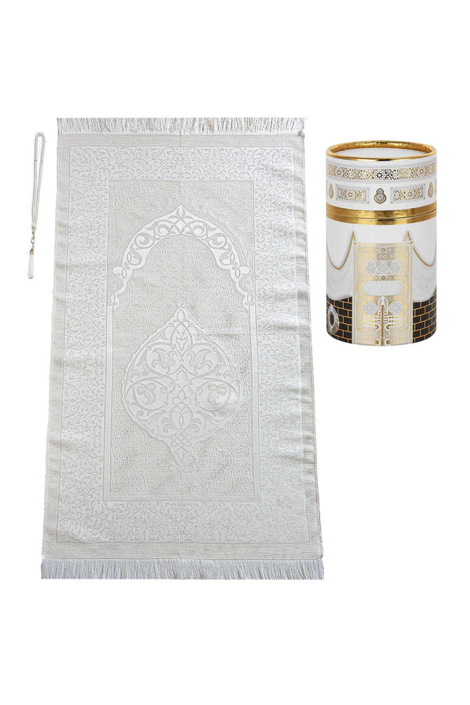 Muslim Prayer Rug and Prayer Beads with Kaaba Design Cylinder Gift Box