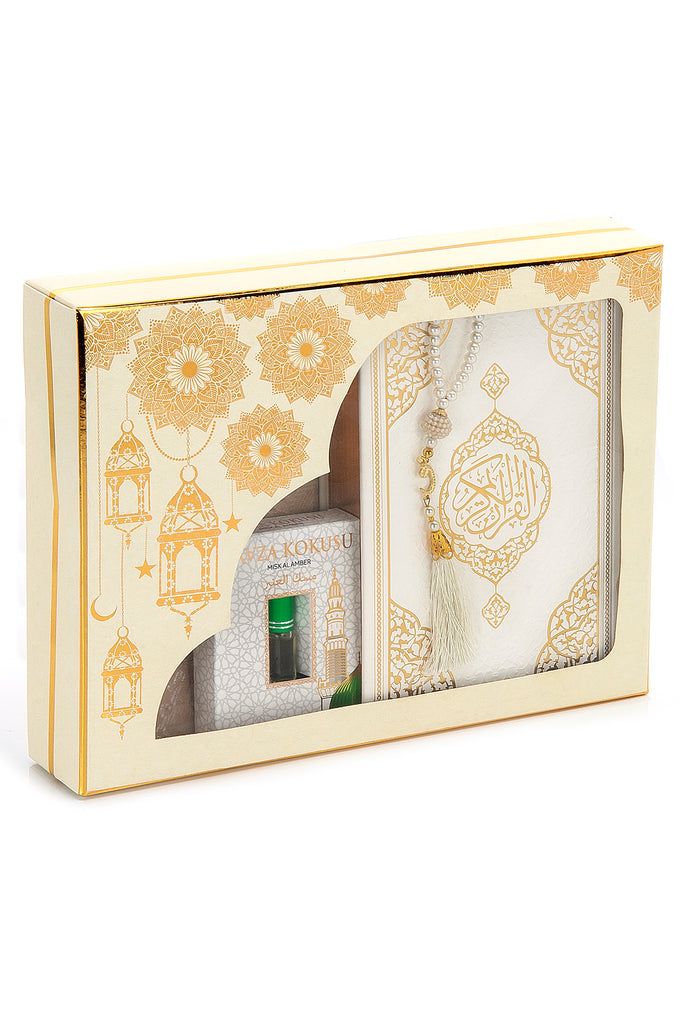 Gebets-Geschenkbox für Hajj und Umrah, muslimischer Gebetsteppich, islamische Matte, 99 perlmuttfarbene Gebetsperlen Tesbih, Heiliger Koran, islamisches Deluxe-Set für Ramadan- und Eid-Geschenk