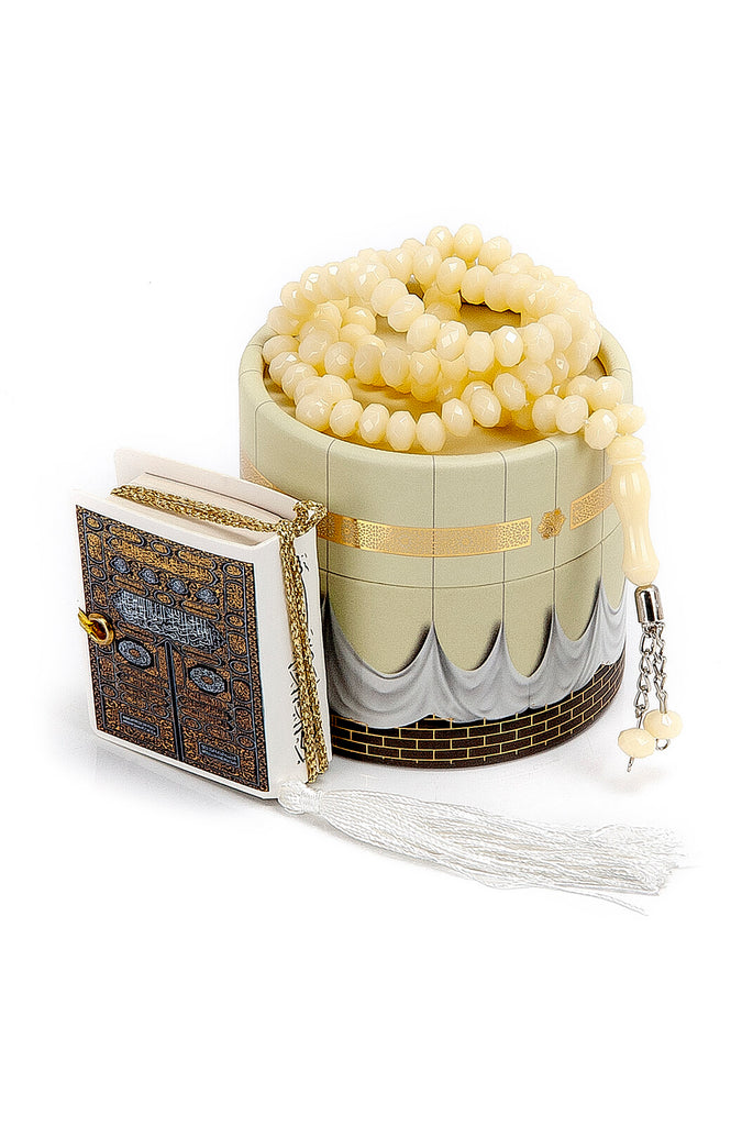 Velvet Covered Mini Quran & Prayer Beads Rosary with Kaaba Designed Cylinder Gift Box, Ramadan & Eid Gift