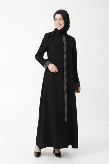 Siyah Balıksırtı Taşlı Nakışlı Anne Ferace 9378-22