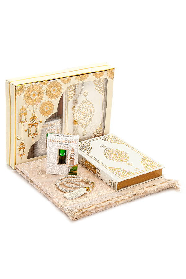 Gebets-Geschenkbox für Hajj und Umrah, muslimischer Gebetsteppich, islamische Matte, 99 perlmuttfarbene Gebetsperlen Tesbih, Heiliger Koran, islamisches Deluxe-Set für Ramadan- und Eid-Geschenk