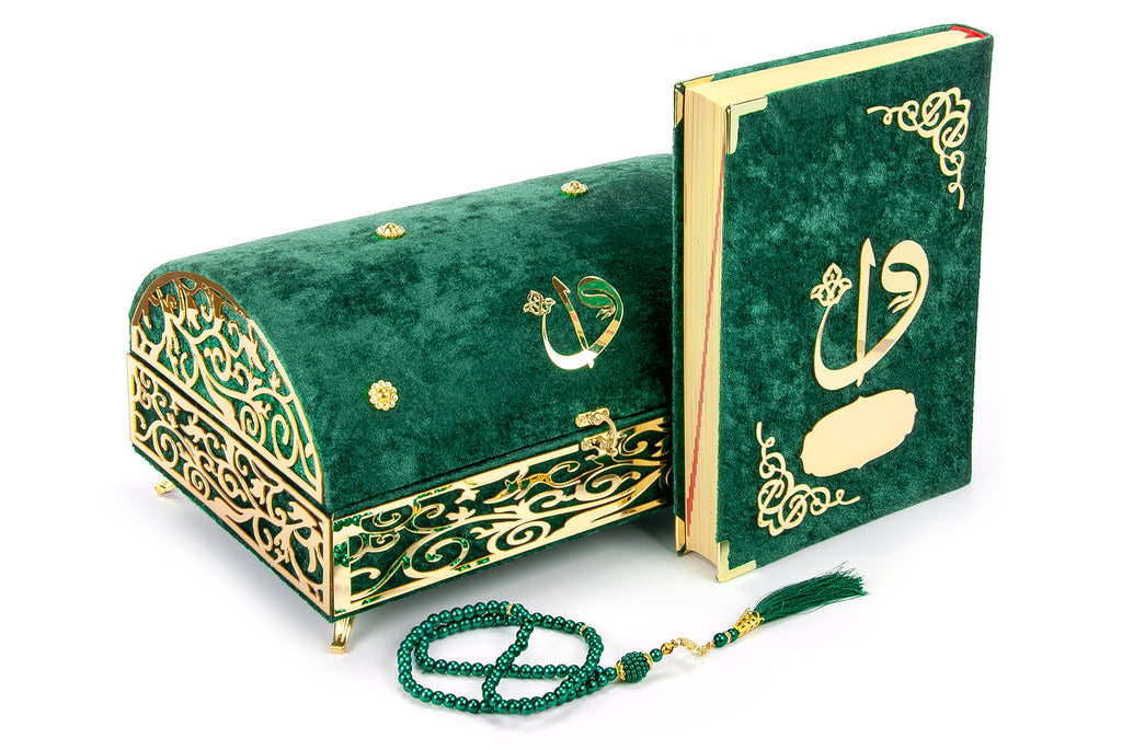 Luxuriöse, mit Samt überzogene islamische Gebetsbox in Form einer Schatzkiste mit elegantem, mit Samt überzogenem Koran und Gebetsperlen, Tesbih-, Ramadan- und Eid-Geschenk