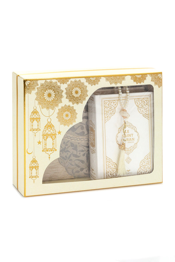 Gebets-Geschenkbox für Hajj und Umrah, muslimischer Gebetsteppich, islamische Matte, 99 Perlen-Tesbih, Heiliger Koran mit französischer Übersetzung, islamisches Deluxe-Set für Ramadan- und Eid-Geschenk