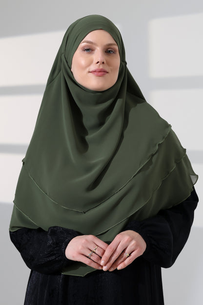 Muslim Prayer Hijab 3 Layers, Chiffon Khimar with Niqab Face Veil, Breathable Layered Ruffle Instant Long Scarf for Women, Oval Cut