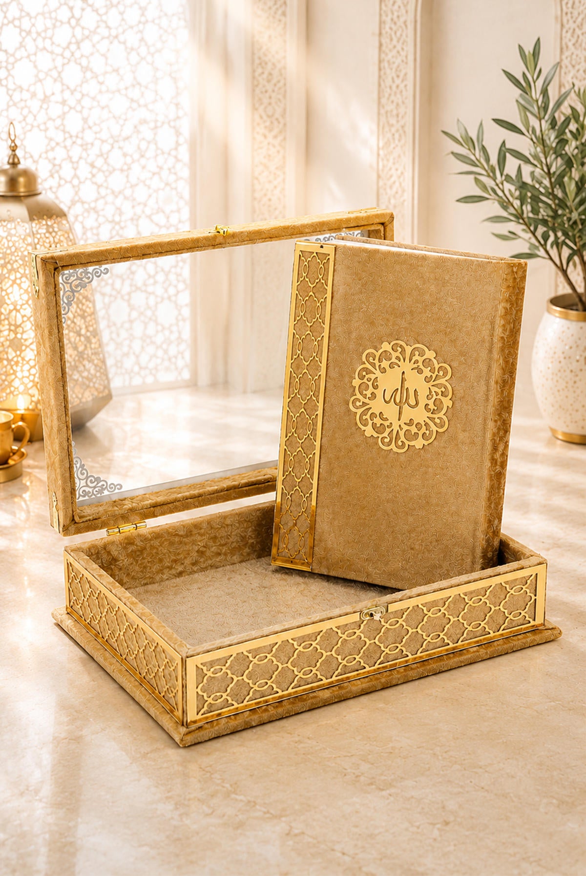Velvet Covered Holy Quran Gift Set | Gold Embellished Glass-Top Rehal Box | Decorative Islamic Display for Ramadan & Eid