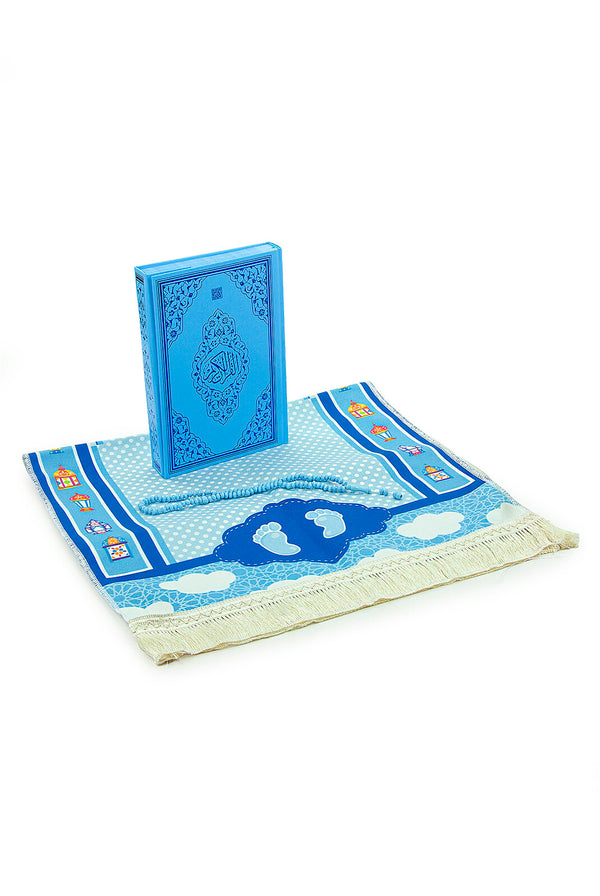 Muslim Prayer Rug for Kids, Prayer Beads, Holy Quran, Kids Prayer Mat, Worship Bag, Praying Mat Set for Islamic Gifts, Soft Salah Mat Carpet for Travel, Design Janamaz Sajadah, Blue Bag