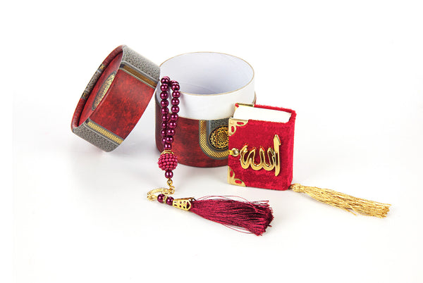 4 Colors Islamic Prayer Cylinder Gift Box with Elegant Velvet Covered Mini Quran & Prayer Beads Tesbih, Ramadan & Eid Gift