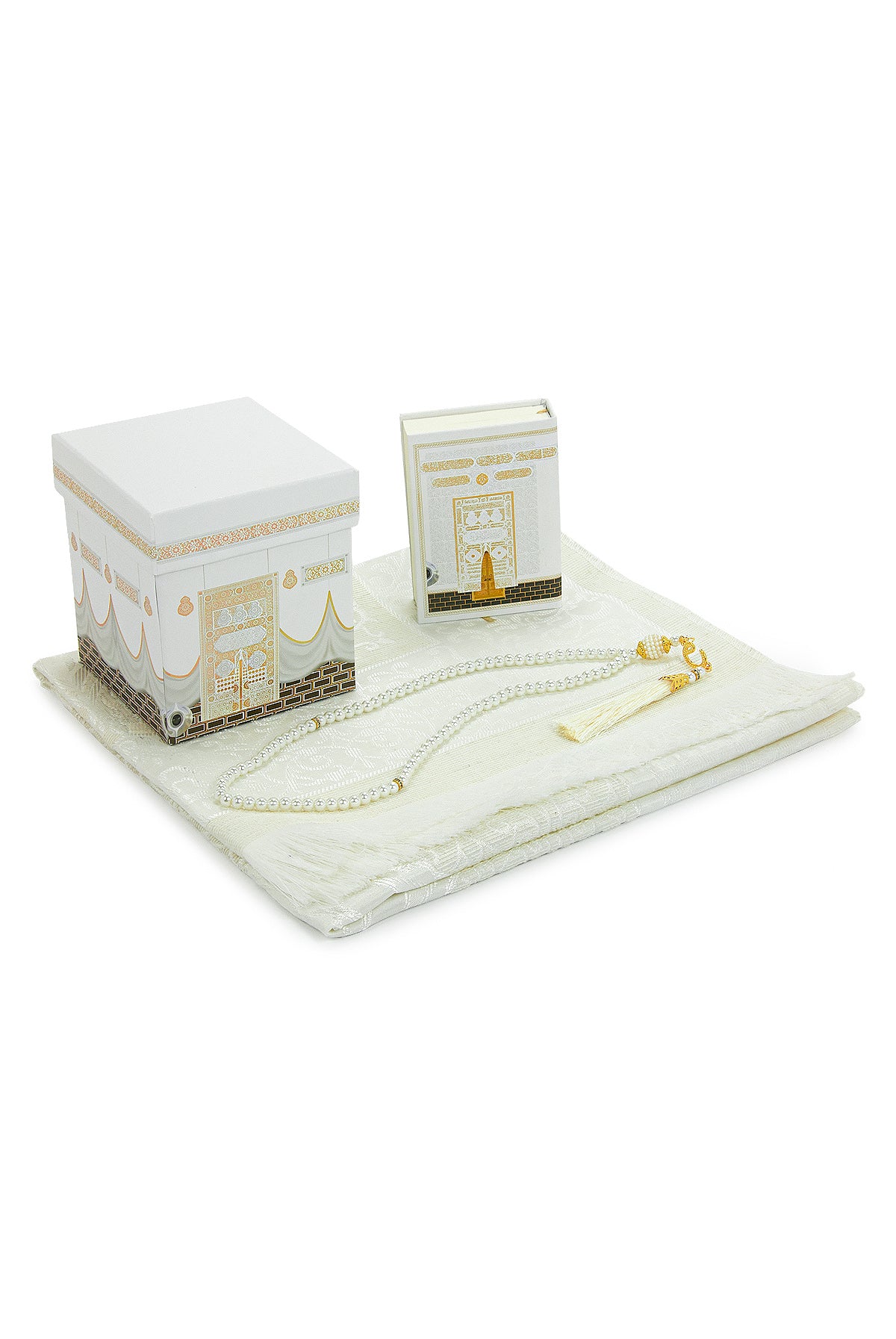 Kaaba Pattern Luxury Mevlut Gift Set – Holy Quran, Tafta Prayer Rug, Pearl Tasbeeh, Special Gift Box