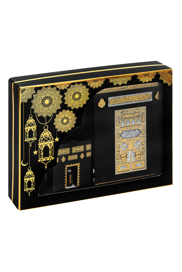 Gebets-Geschenkbox für Hajj und Umrah, muslimischer Gebetsteppich, islamische Matte, Perlen Tesbih, Heiliger Koran, Miswak, muslimischer Kufi-Hut, islamisches Deluxe-Set für Ramadan & Eid-Geschenk, Schwarz/Set 2