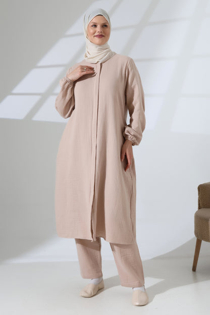 Women's Muslin Zip-Up Hijab Two-Piece Set Cotton Hajj and Umrah Outfit Beige (VSN)