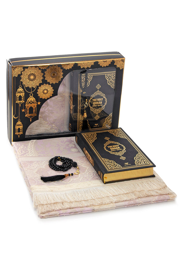 Gebets-Geschenkbox für Hajj und Umrah, Koran mit englischer Übersetzung, muslimischer Gebetsteppich, islamische Matte, Heiliger Koran, 99 Perlen-Tesbih, islamisches Deluxe-Set für Ramadan- und Eid-Geschenk