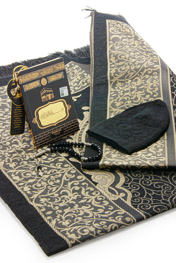 Muslimisches Gebetsteppich-Geschenkset für Damen und Herren, Kufi-Hut, Gebetsperlen, Yaseen-Buch, Kaaba-Dekorbox, elegantes Islam-Set für Ramadan, Umrah