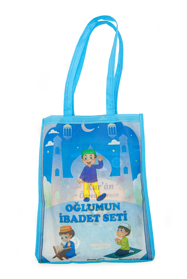 Children Quran Course Set Elif Ba Book Prayer Rug Rosary & Bag Islamic Gift for Kids to Learning Quran Eid Gift Blue