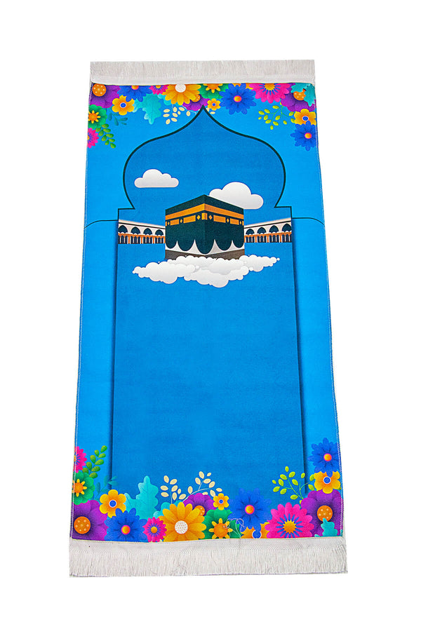 Muslim Kaaba Designed Blue Prayer Rug for Kids with Prayer Rosary & Moneybox