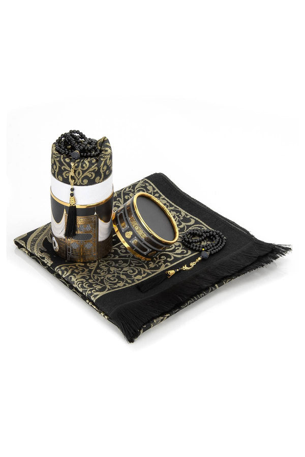 Kaaba Design Muslim Prayer Rug & Prayer Beads with Cylinder Gift Box