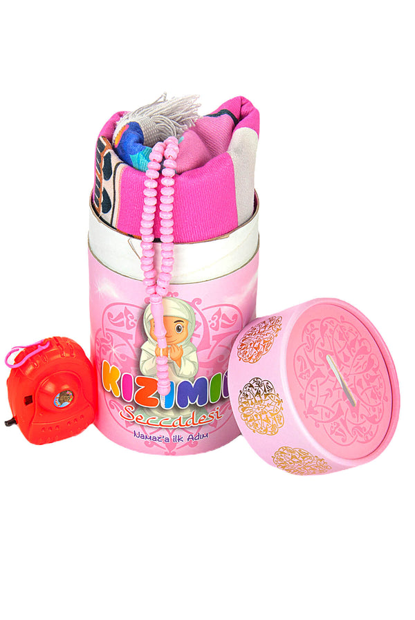 Muslim Al-Aqsa Mosque Designed PinkPrayer Rug for Kids with Prayer Rosary & Moneybox