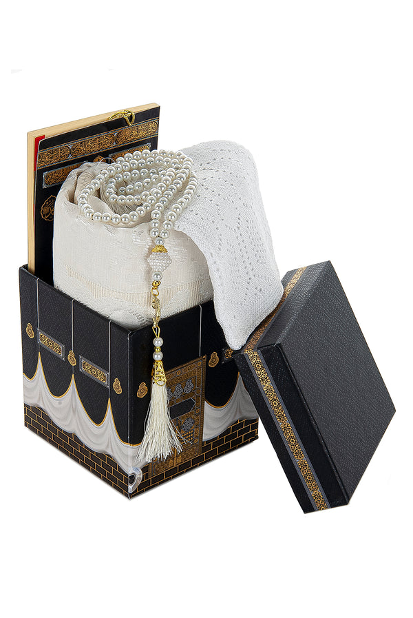 Prayer Rug and Prayer Beads for Muslim with Kaaba Design Cubic Gift Box, Islamic Gifts for Men and Women, White