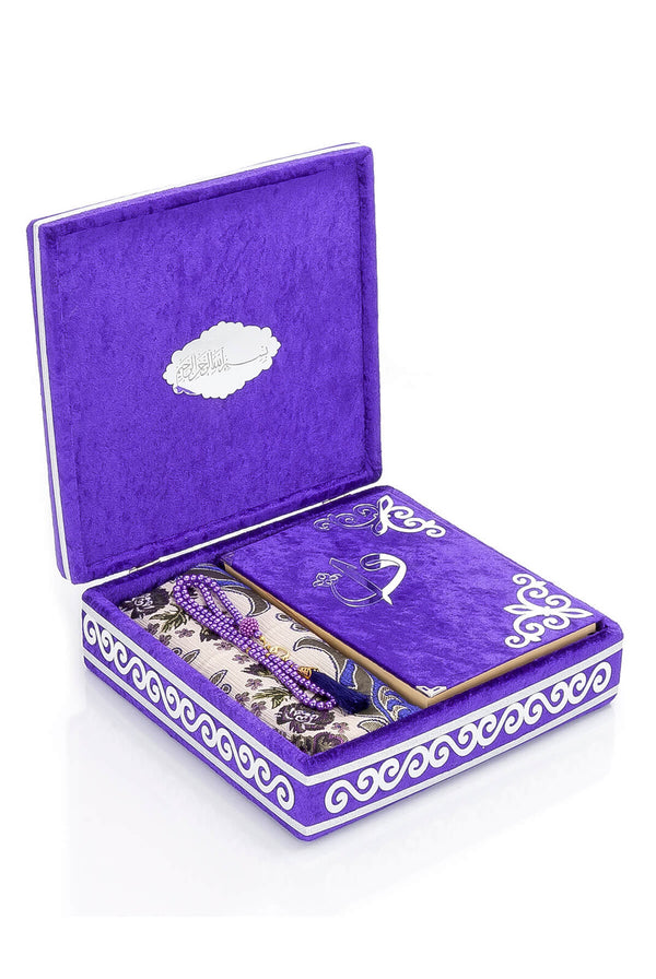 Luxury Islamic Prayer Velvet Covered Gift Box, Deluxe 4 Piece Set with Elegant Velvet Covered Quran & Prayer Beads Tesbih & Prayer Rug, Ramadan & Eid Gift, Purple