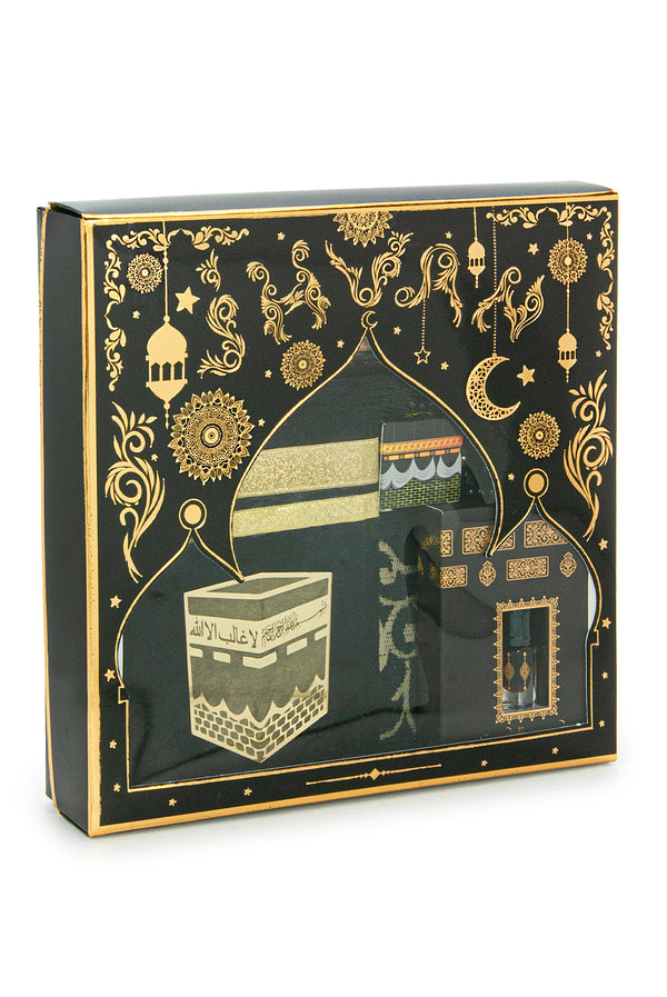 Gebetsgeschenkset für Männer und Frauen, muslimischer Gebetsteppich, Gebetsmatte, Perlen-Taasbih, mit Samt überzogenes Yaseen, muslimischer Kufi-Hut, Miswak, islamisches Geschenkset für Ramadan und Eid, Schwarz