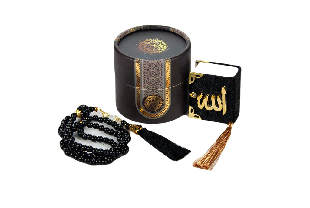 Velvet Covered Mini Quran & Prayer Beads Rosary with Cylinder Gift Box, Ramadan & Eid Gift