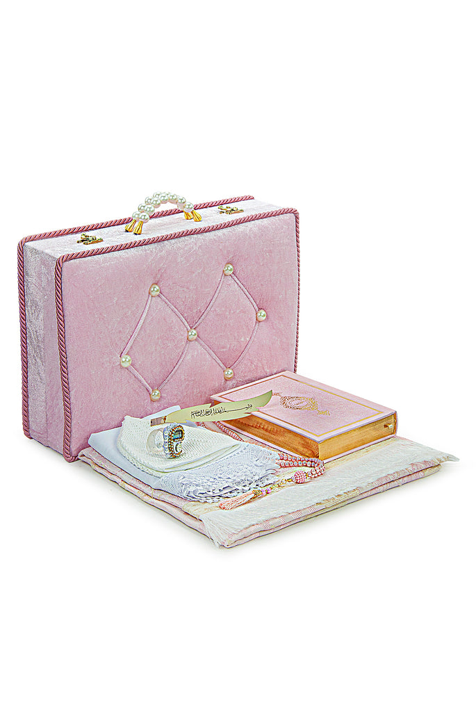 Holy Quran and Prayer Rug Set with Velvet Covered Pearl Case