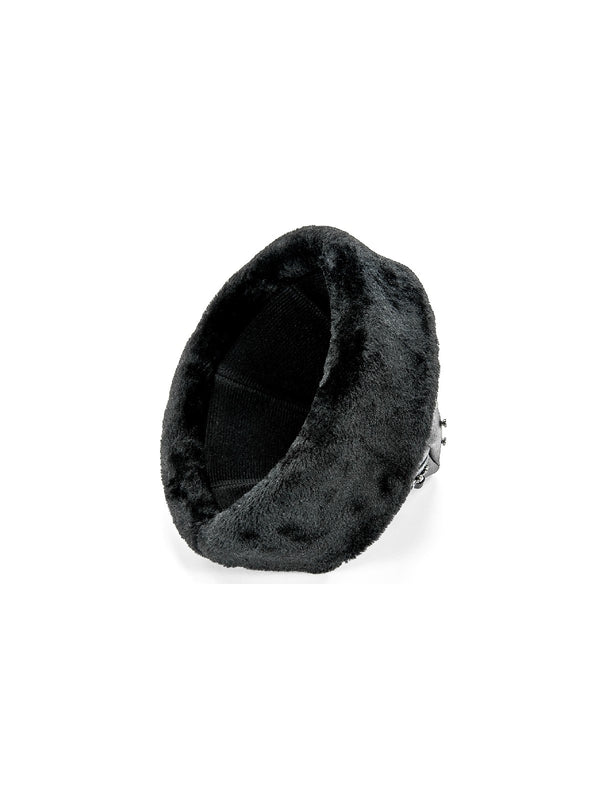 Turkish Ertugrul Ottoman Black Leather and Black Fur Winter Bork Hat, Moon and Star