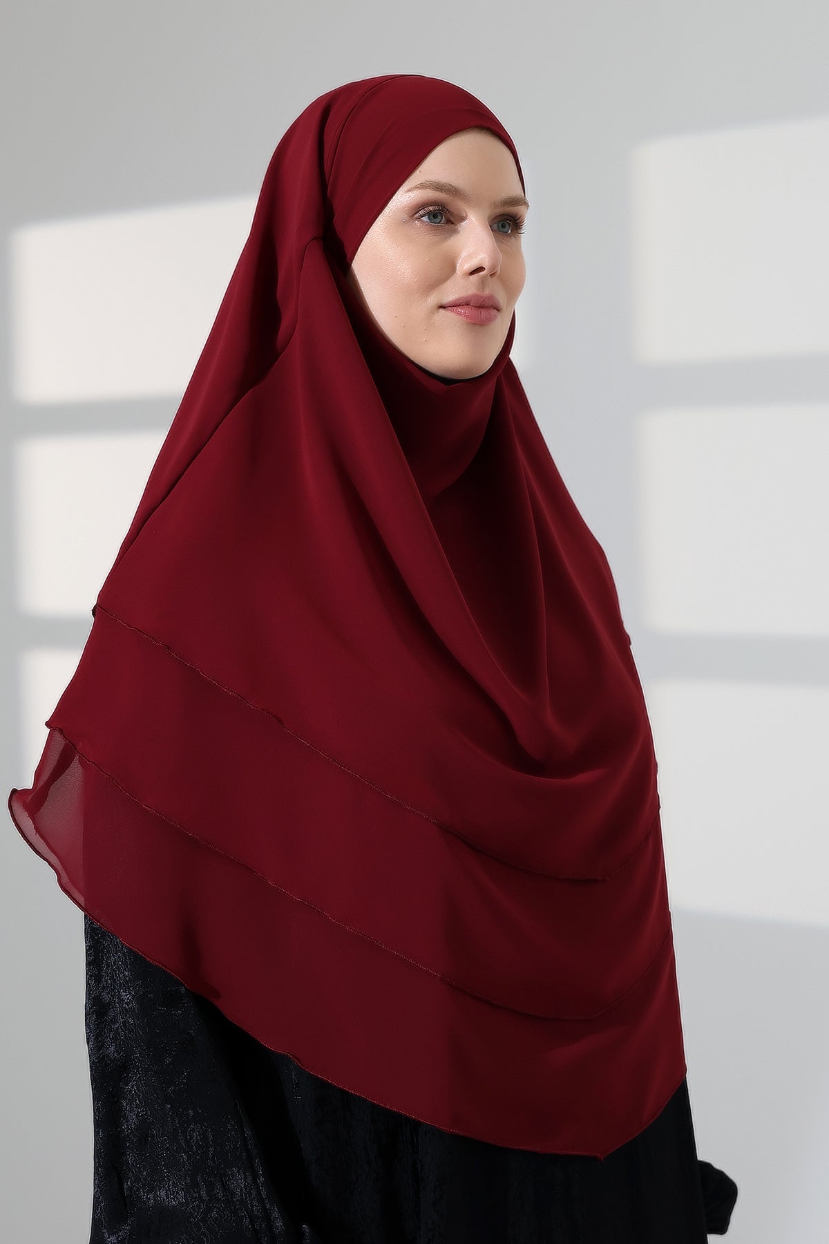 Muslim Prayer Hijab 3 Layers, Chiffon Khimar with Niqab Face Veil, Breathable Layered Ruffle Instant Long Scarf for Women, Oval Cut