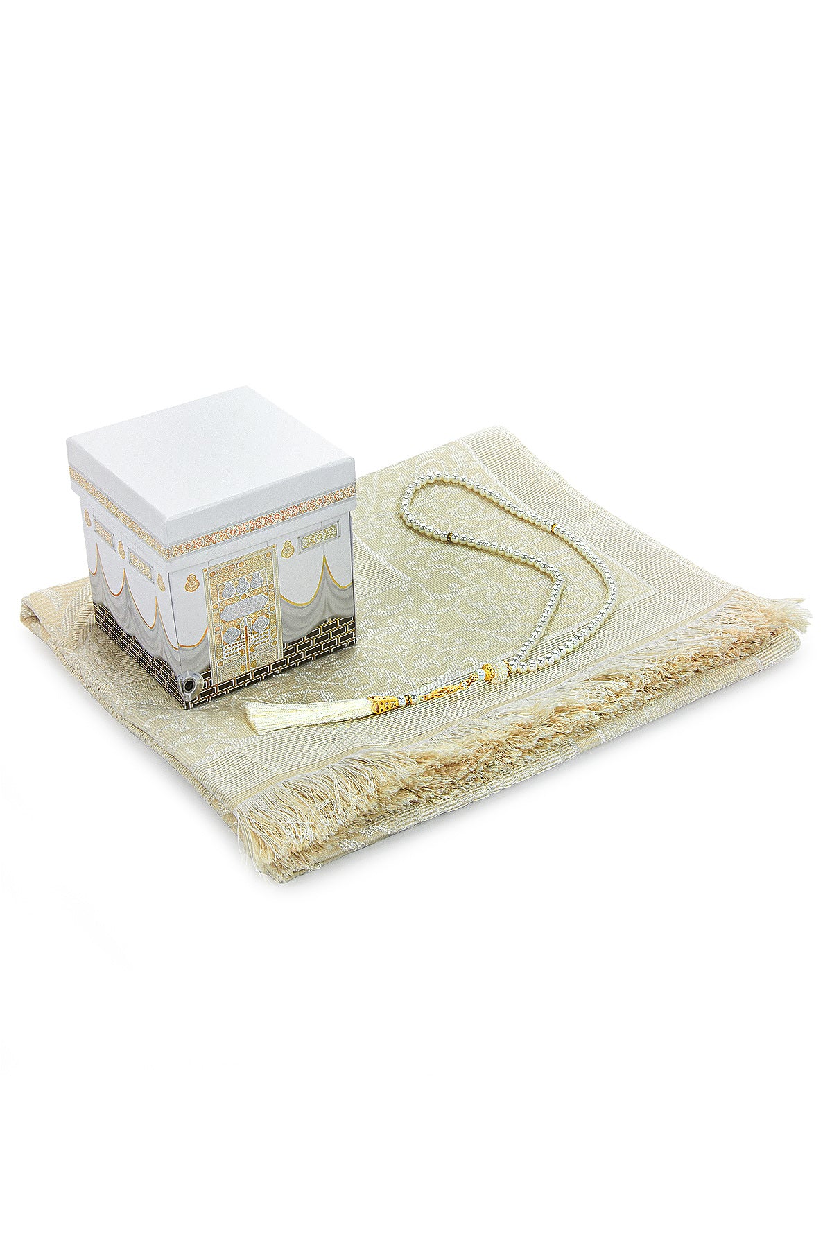 Kaaba Pattern Luxury Mevlut Gift Set – Black Tafta Prayer Rug, Needle Lace Scarf, Pearl Tasbeeh, Special Gift Box