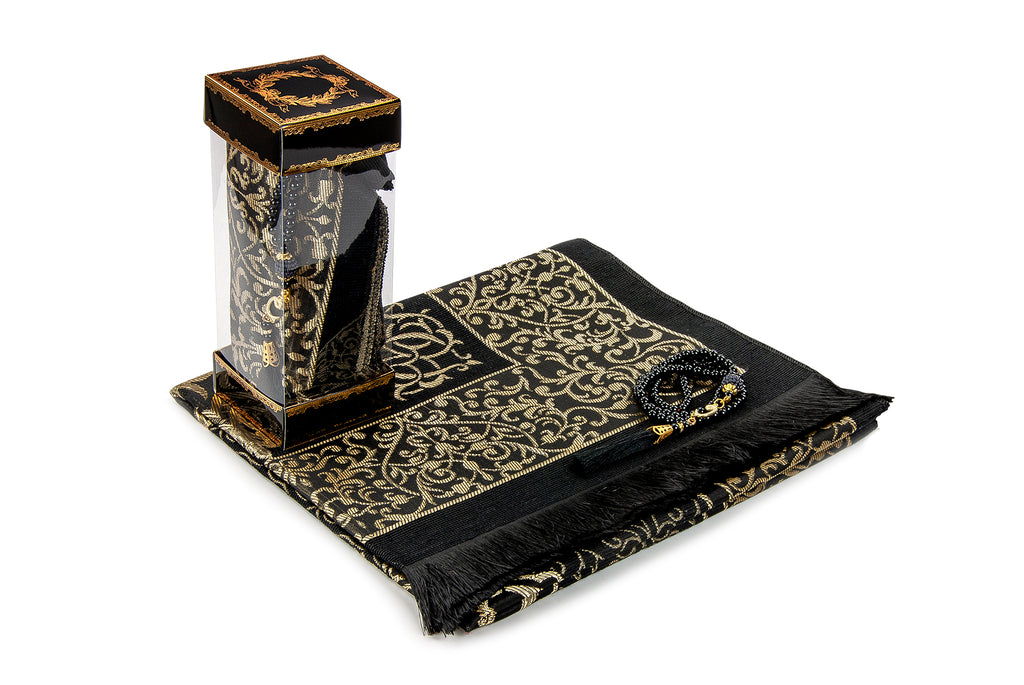 Muslimischer Gebetsteppich und Gebetsperlen mit eleganter Geschenkbox | Janamaz | Sajadah | Weicher islamischer Gebetsteppich | Islamisches Geschenkset | Gebetsteppichmatte, Taftstoff