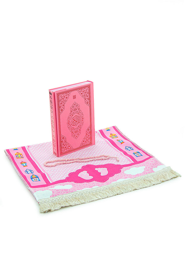 Muslim Prayer Rug for Kids, Prayer Beads, Holy Quran, Kids Prayer Mat, Worship Bag, Praying Mat Set for Islamic Gifts, Soft Salah Mat Carpet for Travel, Design Janamaz Sajadah, Pink Bag