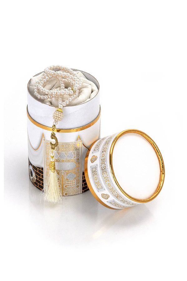 Muslim Prayer Rug and Prayer Beads with Kaaba Design Cylinder Gift Box