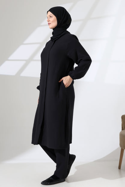 Women's Muslin Zip-Up Hijab Two-Piece Set Cotton Hajj and Umrah Outfit Black (VSN)