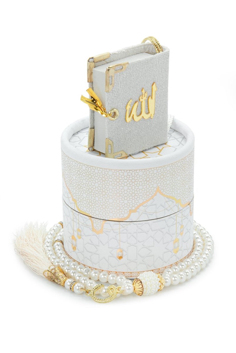 3 - Piece Mini Quran Gift Set | Pearl Rosary & Digital Tasbeeh Counter in Velvet Box | Islamic Gift Set - ihvan