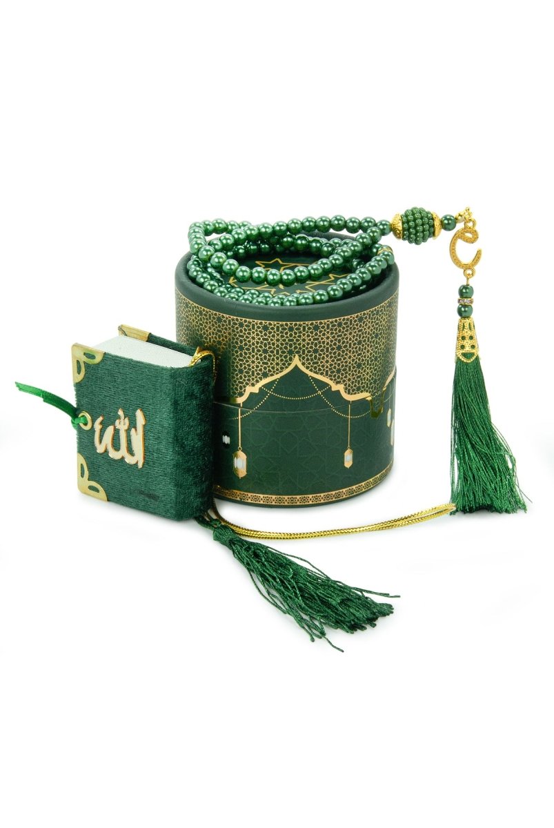 3 - Piece Mini Quran Gift Set | Pearl Rosary & Digital Tasbeeh Counter in Velvet Box | Islamic Gift Set - ihvan