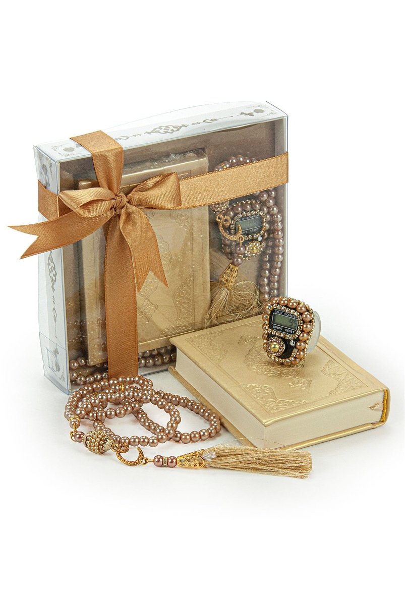 3 - Piece Pocket - Size Quran Gift Set with Pearl Prayer Beads & Digital Tasbih | Ribboned Islamic Gift Box - ihvan