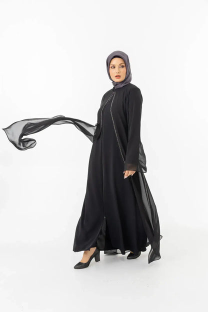 ZERENAY 5522-25 SİYAH KAZ AYAĞI JAKARLI ABAYA