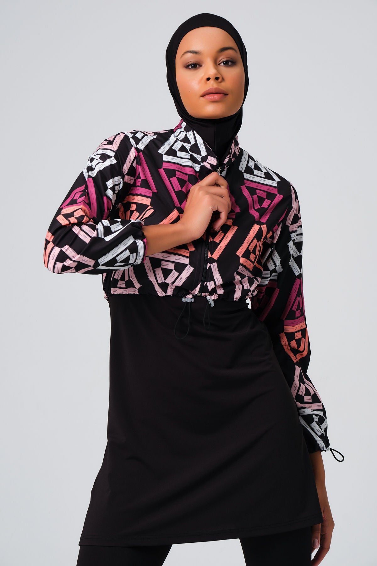 Alfasa Desenli Crop Tam Kapalı Tesettür Mayo 23260-23 Pembe