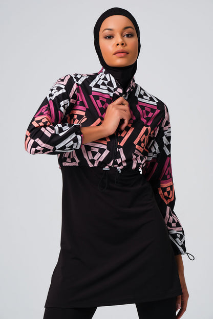 Alfasa Desenli Crop Tam Kapalı Tesettür Mayo 23260-23 Pembe