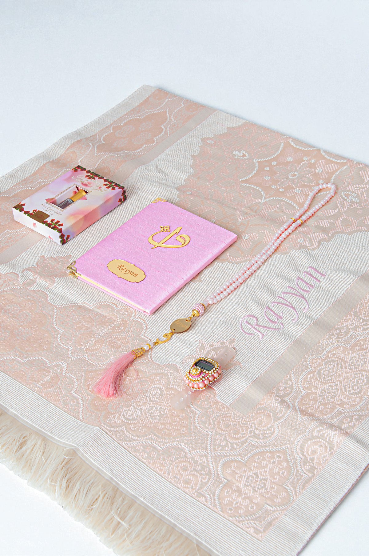 Personalized Islamic Gift Set – Prayer Rug, Yasin Book, Tasbeeh, Digital Zikr Counter & Perfume